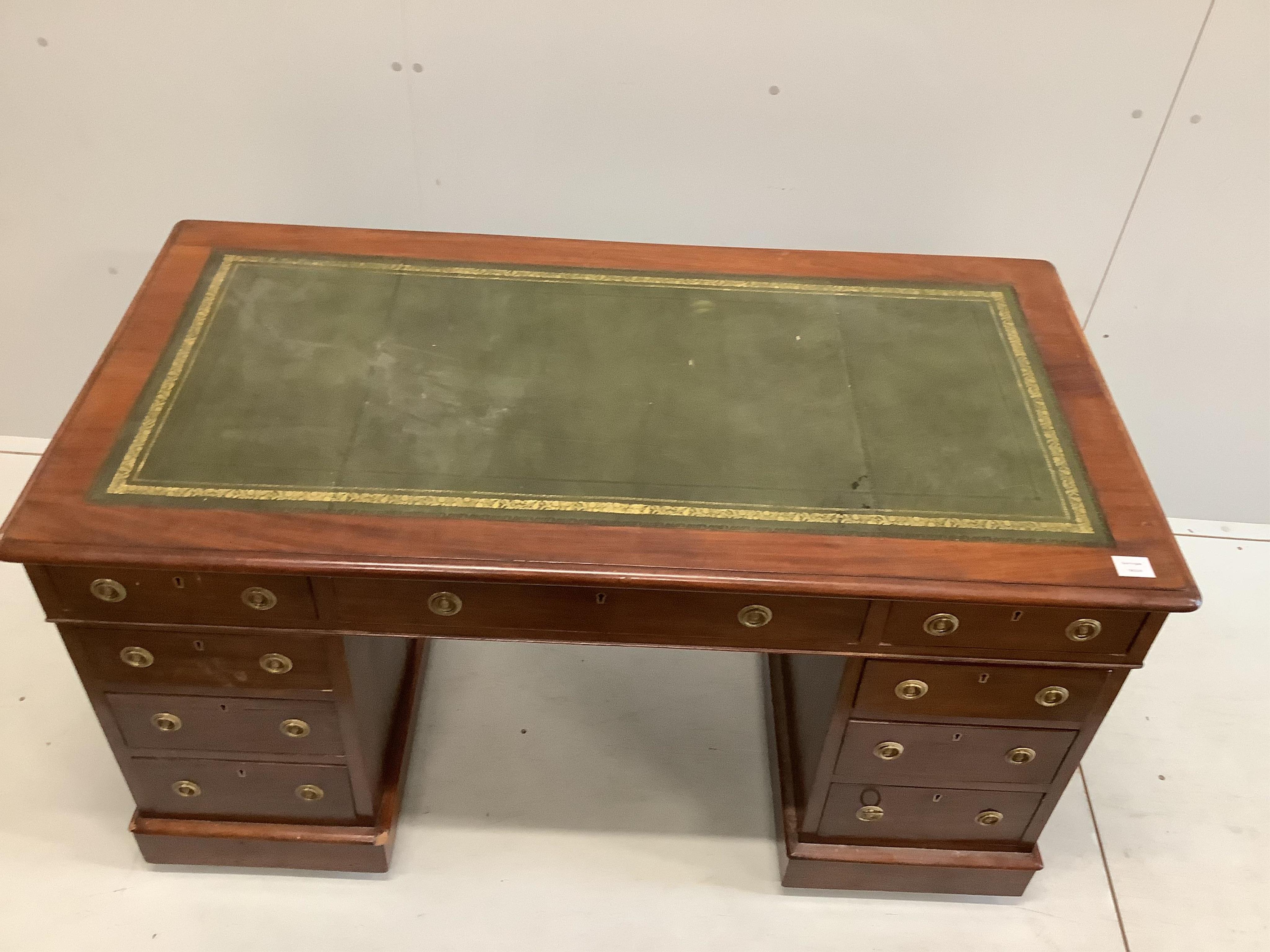 A Victorian mahogany pedestal desk, width 135cm, depth 70cm, height 75cm. Condition - good